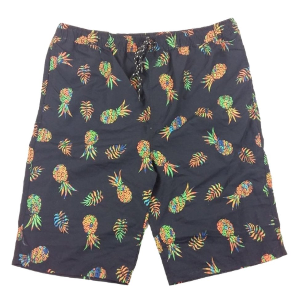 Distortion NWT Swim Shorts Elastic Waist Drawstring Pockets Black W/Pineapples